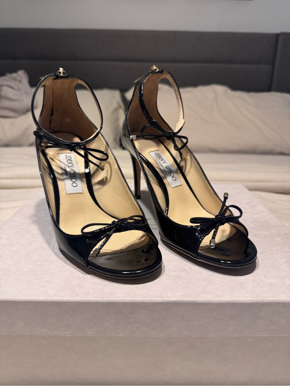 Jimmy Choo Black Patent Leather Bow Peep-Toe Ankle-Strap Heels